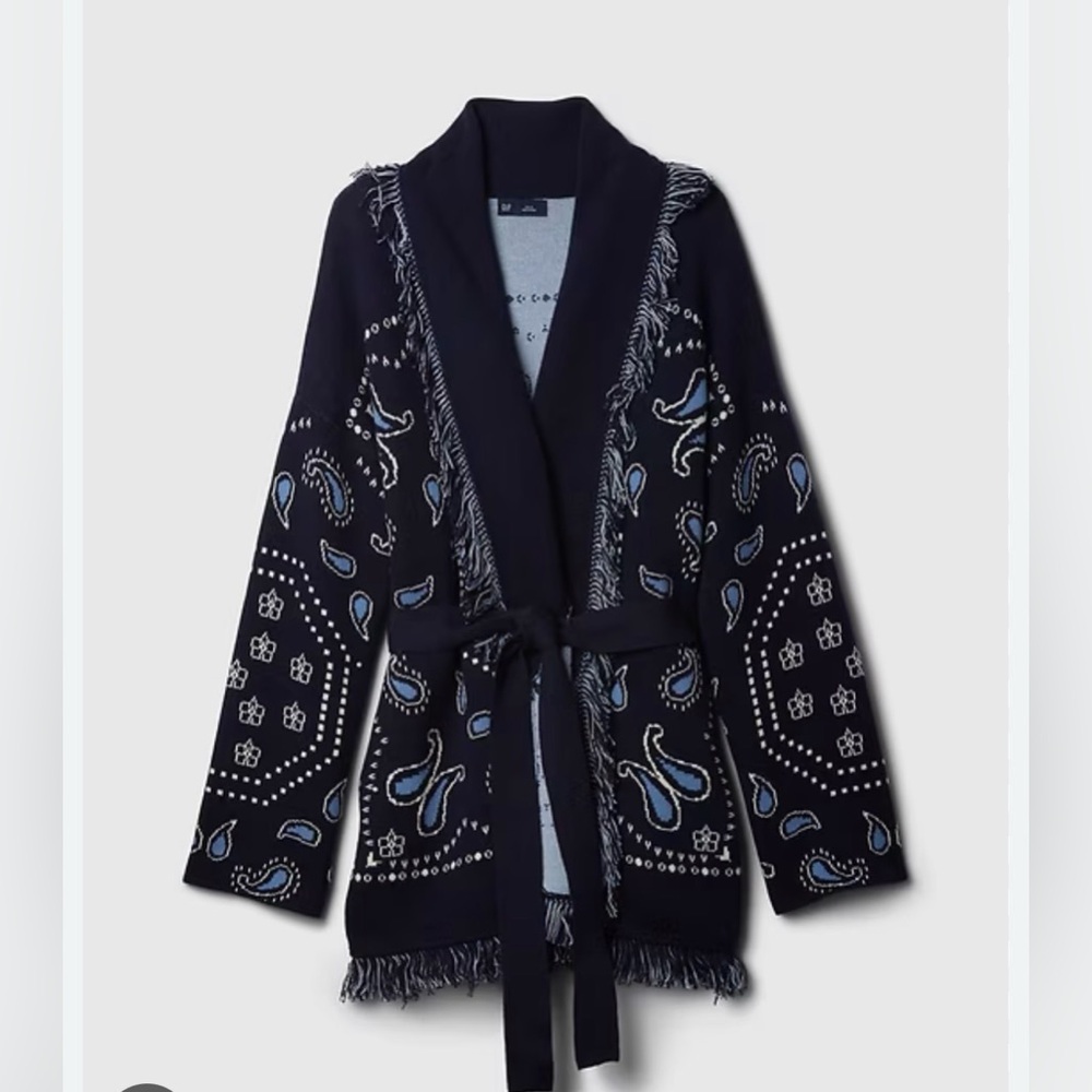 GAP Navy Blue Fringe Belted Paisley Cardigan